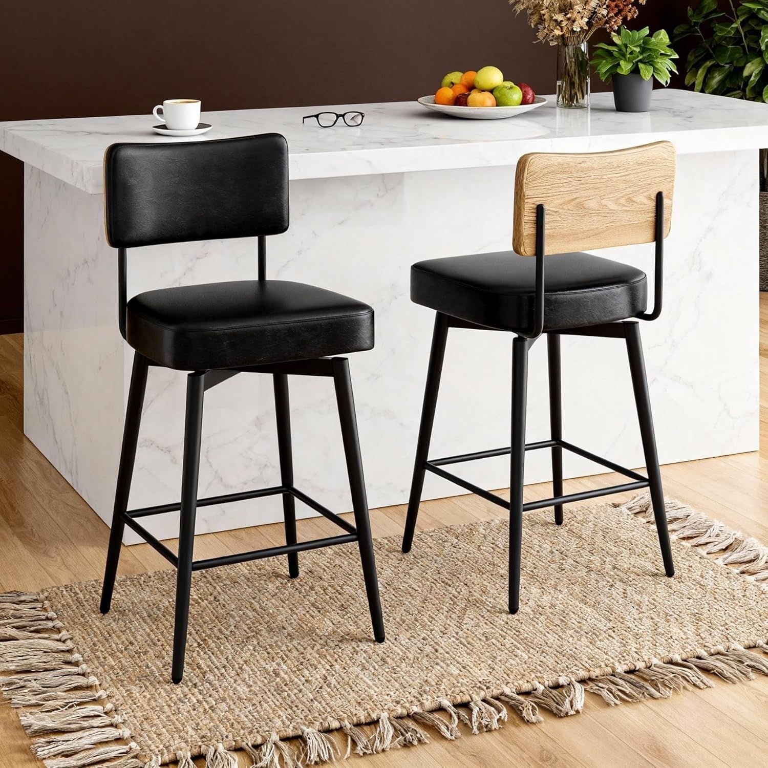 Swivel Bar Stools Set of 2 | Black PU Leather L-Shaped Counter Chairs
