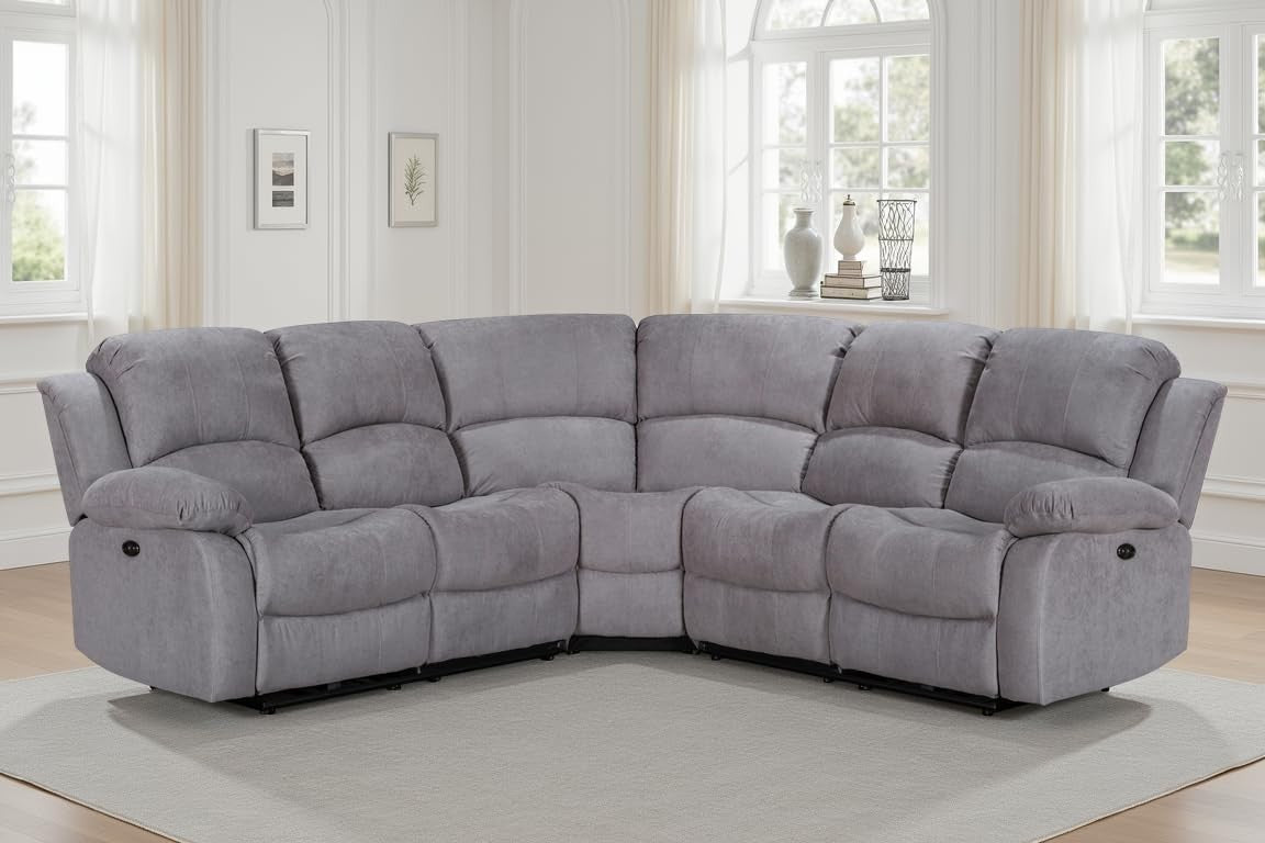 Electric Recliner 5-Seater L Shaped Corner Sofa with USB & Cupholders Light Grey