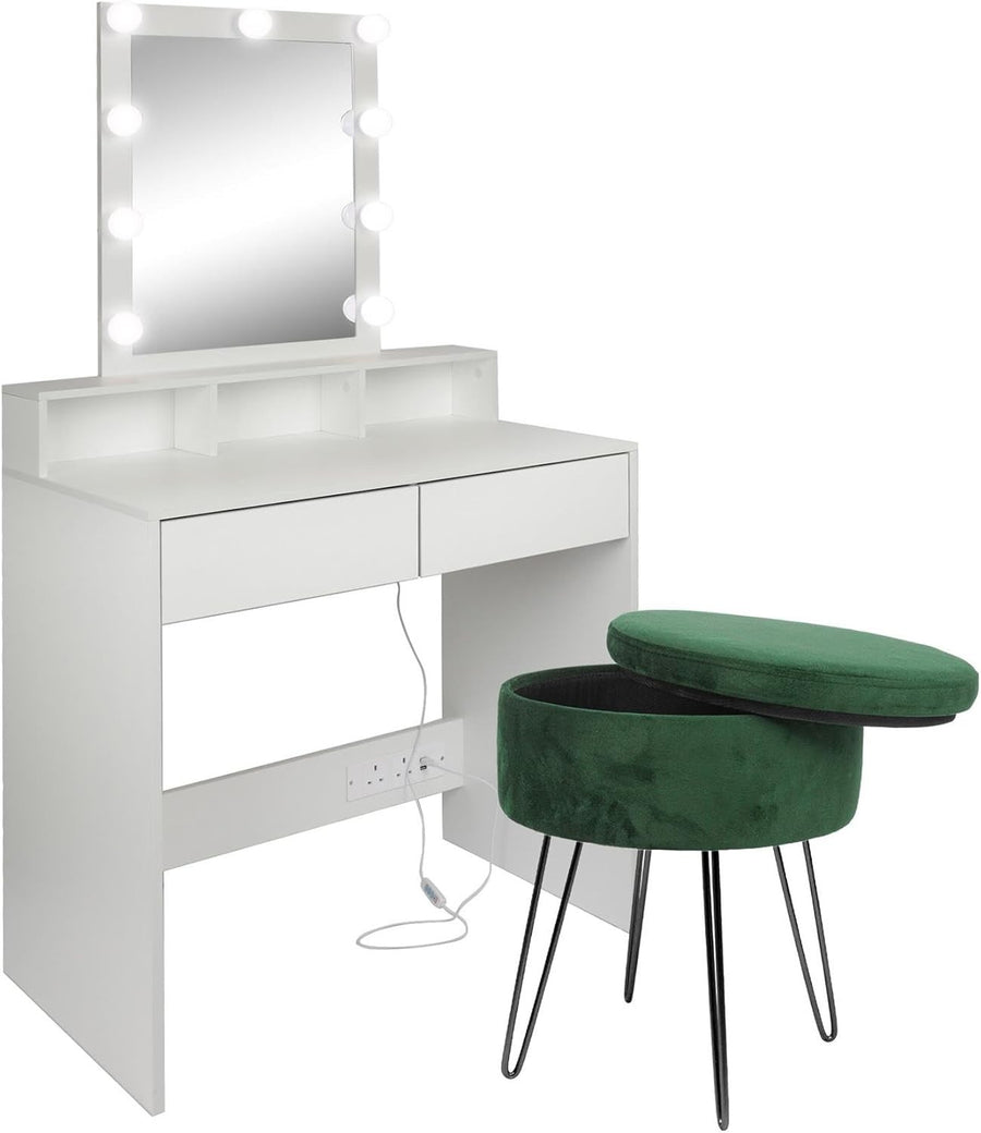 White Wooden Dressing Table w/ 9 LED Lights Mirror & Storage Bedroom
