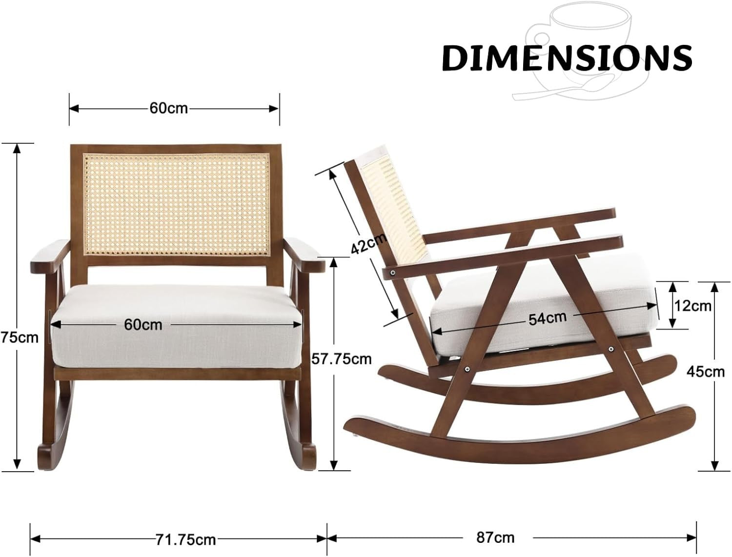 Comfortable Upholstered Rocking Chair with Rattan Back & Solid Wood Legs