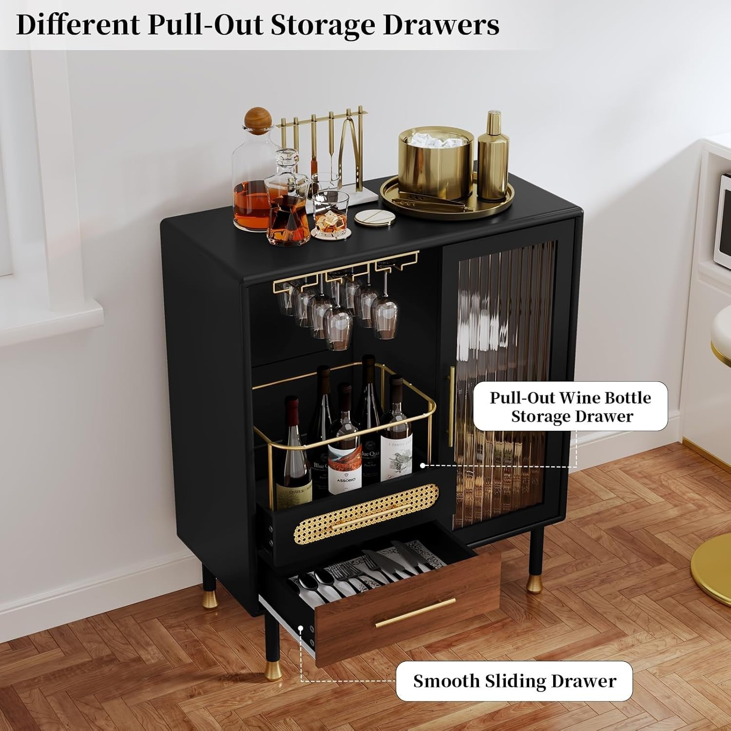 Modern Drinks Cabinet Black Sideboard Bar Unit with Wine Glass Rack & Drawers