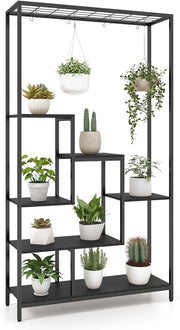 6-Tier Metal Plant Stand 180cm Tall Indoor Flower Shelf with Hooks & Wire Rack
