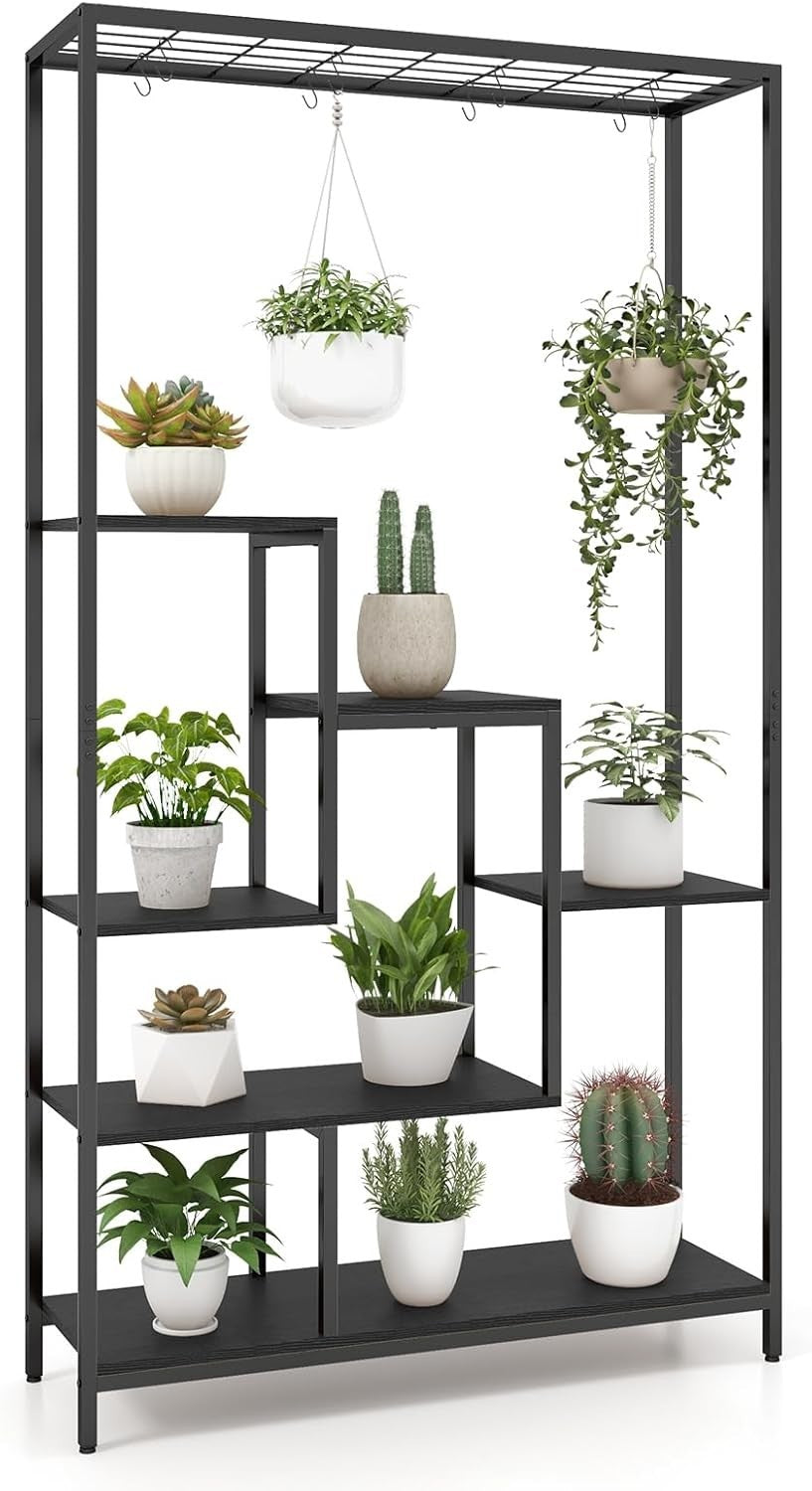 6-Tier Metal Plant Stand 180cm Tall Indoor Flower Shelf with Hooks & Wire Rack