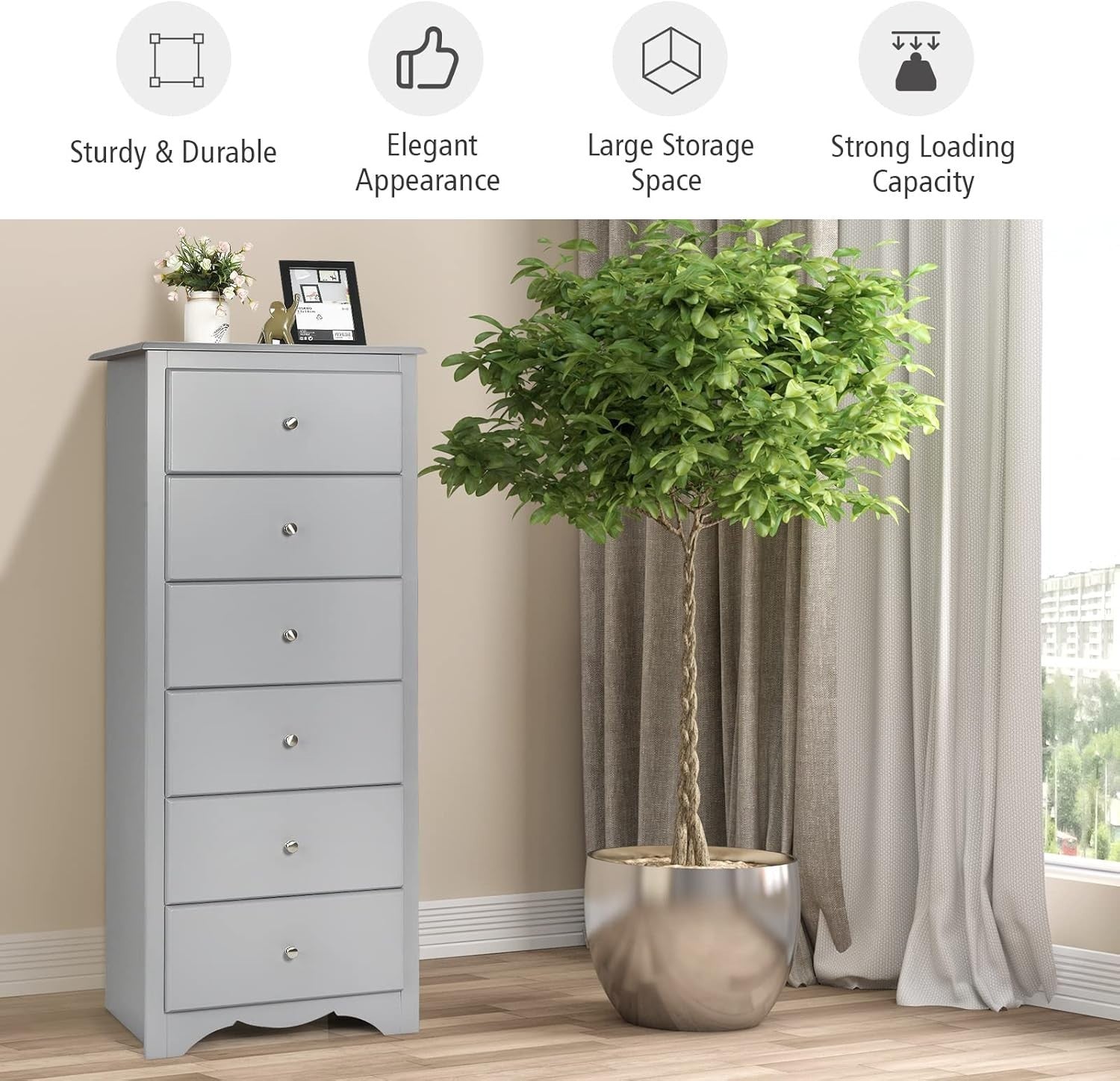 6-Drawer Tall Narrow Dresser Cabinet for Bedroom Storage Organizer Grey