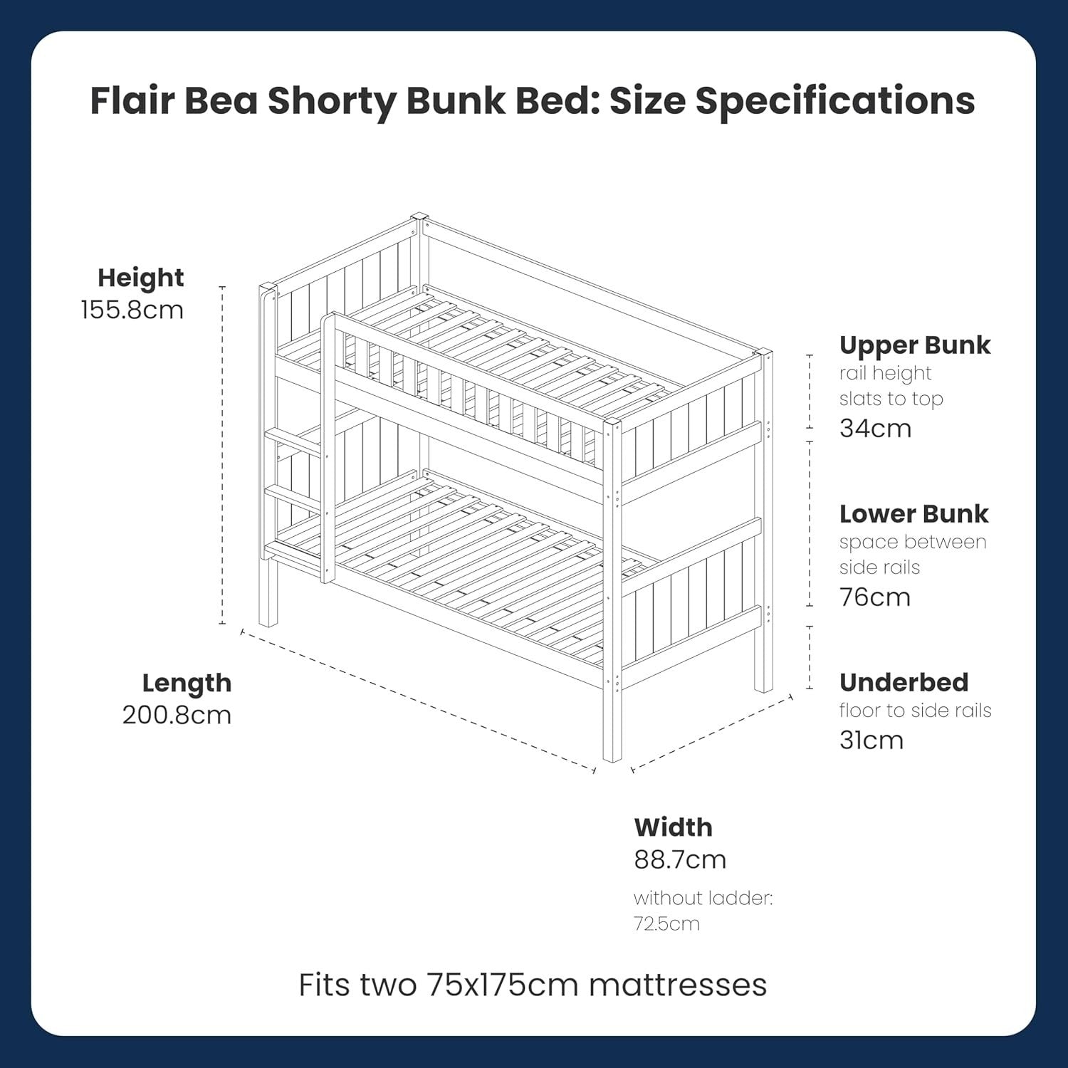 Shorty Bunk Bed White Solid Wood Kids Sleeper Loft Frame Space Saving