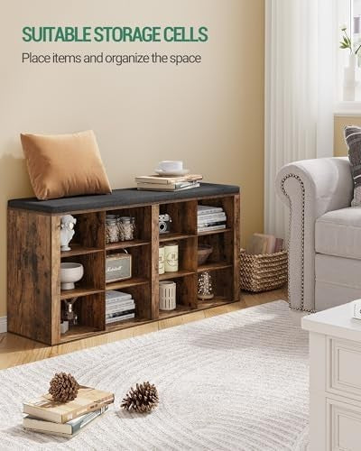Rustic Brown Shoe Storage Bench with Cushion & 12 Adjustable Compartments