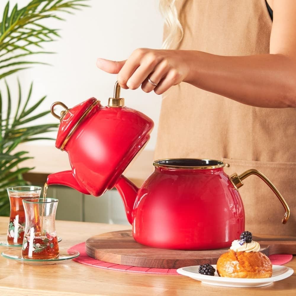 Red Enamel Turkish Tea Kettle Set 1.1L Teapot 2.3L Induction Safe