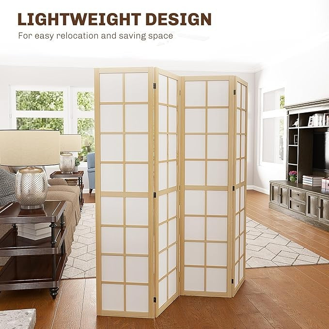 Natural Wood 4 Panel Folding Room Divider – Freestanding Japanese Privacy Screen