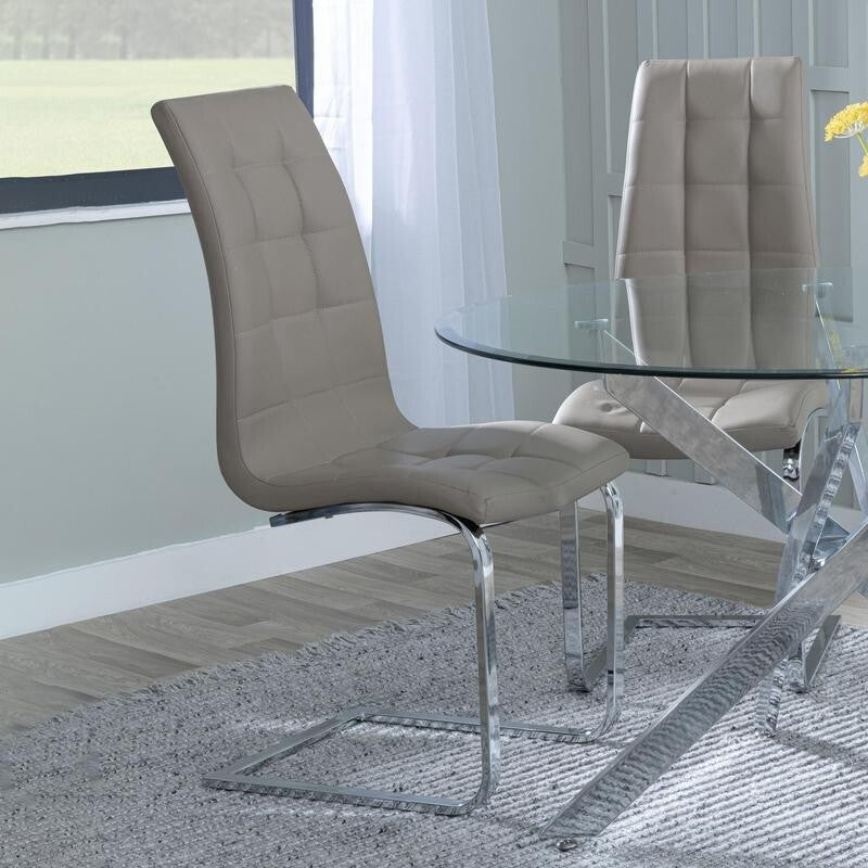 Round Grey Glass Dining Table Set 4 Chairs Chrome Metal Faux Leather