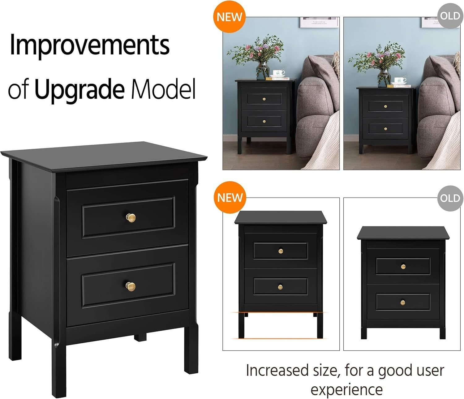Modern Black Bedside Tables Set of 2 with 2 Drawers, Pine Wood Legs
