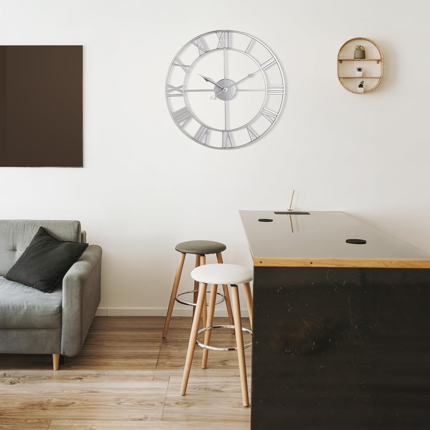 80CM Silent Wall Clock Roman Numerals Large Modern Silver Home Decor