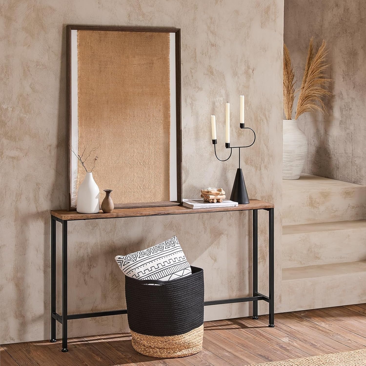 Slim Console Table with Wood Top & Metal Frame, Modern Entryway Desk