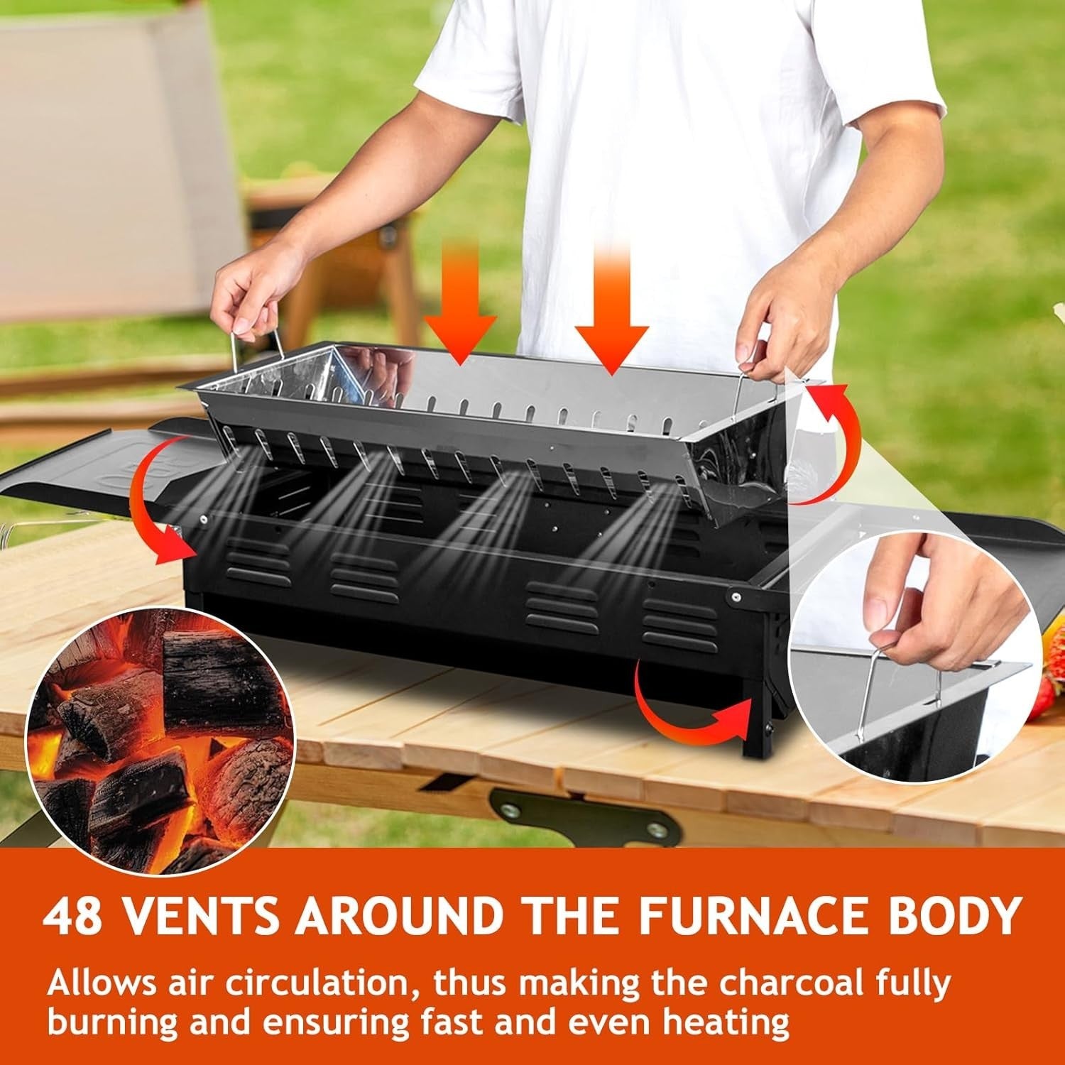 Portable Charcoal BBQ Grill with Height Adjustment, Kebab Slots & Carry Bag