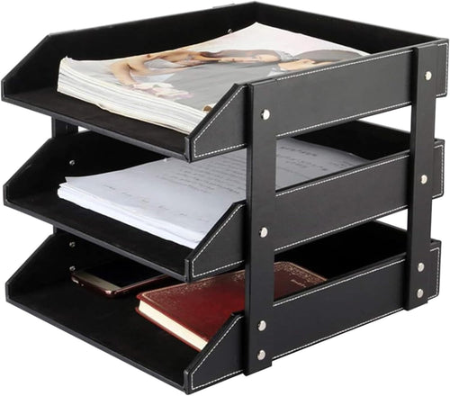 Stackable Leather Desk Organizer 3-Tier Letter Tray Office Storage Black