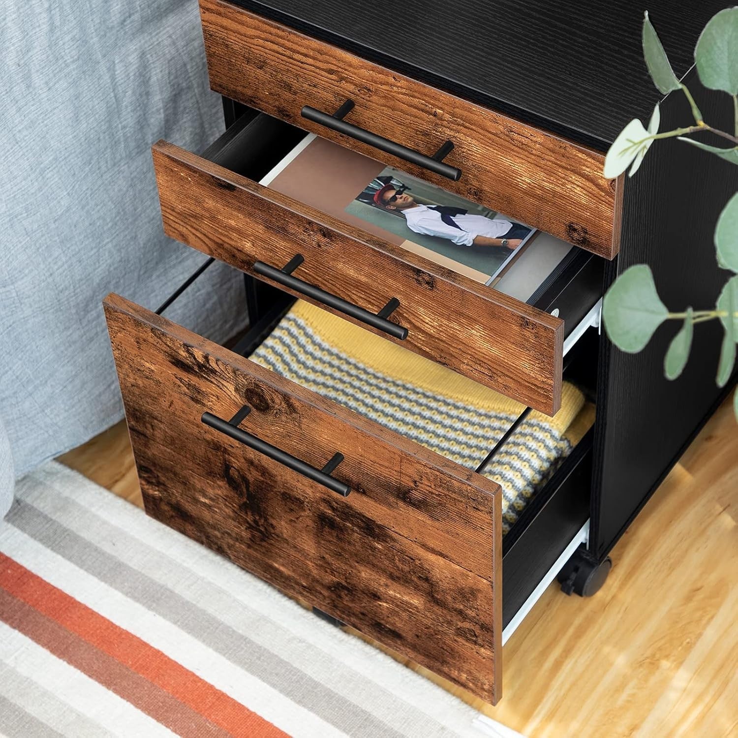 3 Drawer Mobile Filing Cabinet Rolling Office Storage Rustic Brown Black