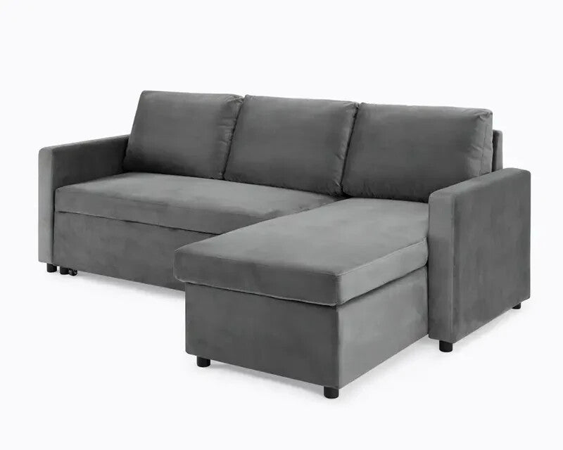 Grey Velvet 3 Seater Sofa Bed Reversible Chaise Pull Out Couch w/ Storage