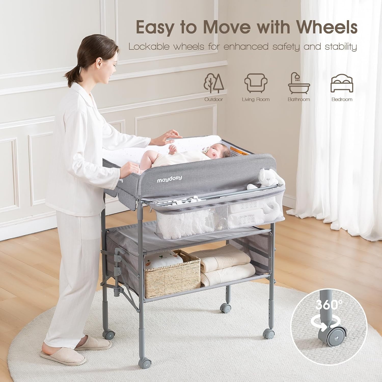 Baby Changing Table Adjustable Folding Diaper Station with Storage Rack Grey