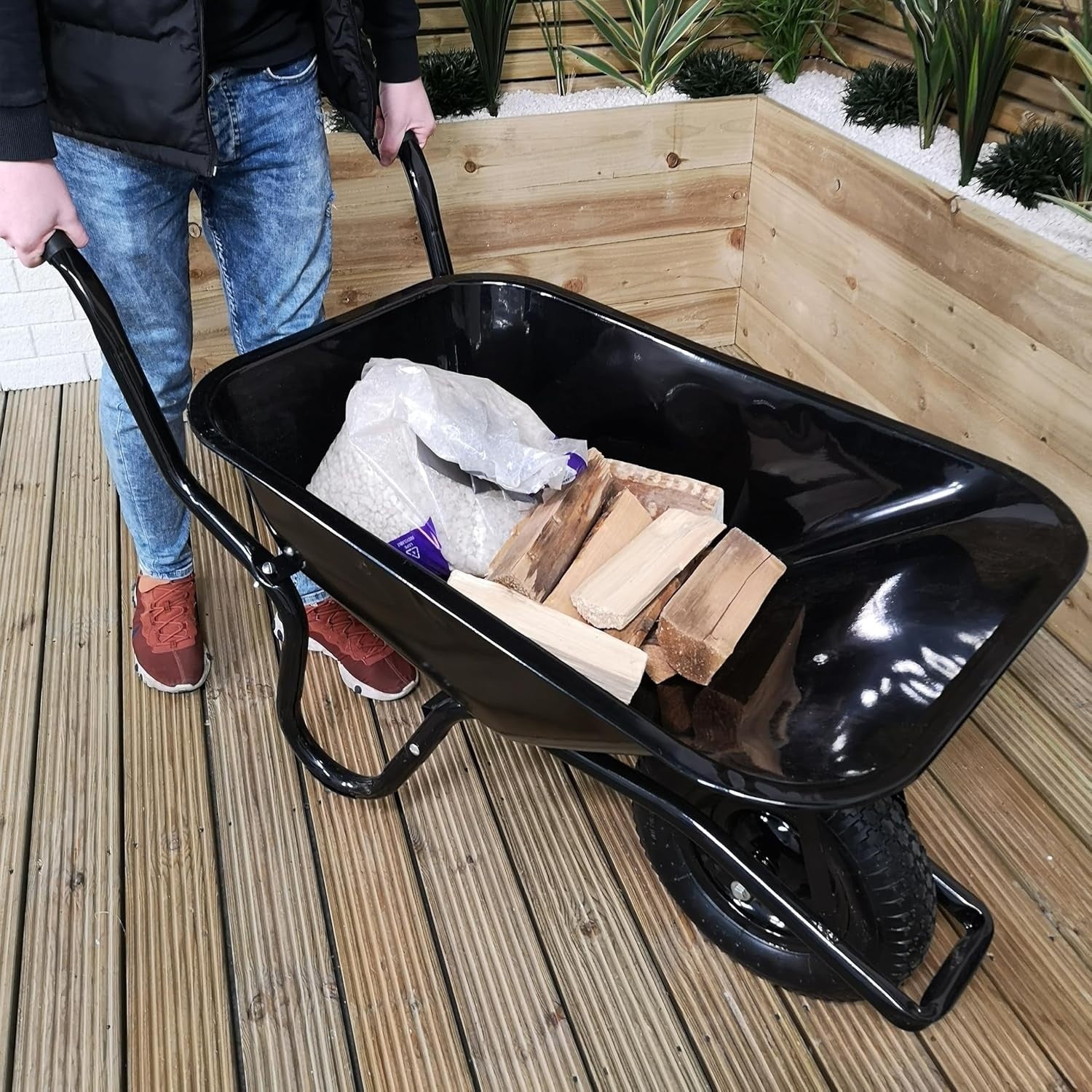 90L Heavy Duty Wheelbarrow Black – Galvanised Steel Tray w/ Pneumatic Tyre 150kg