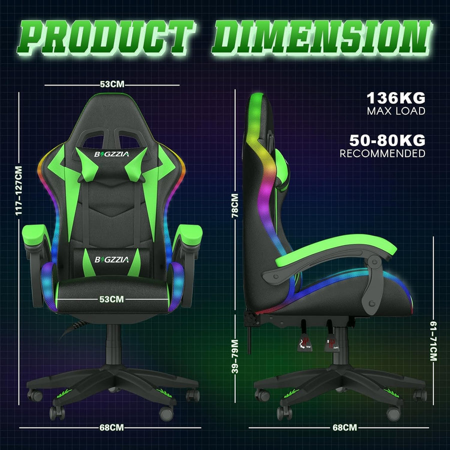 Ergonomic LED Gaming Chair with Footrest & Lumbar Support – Green High-Back