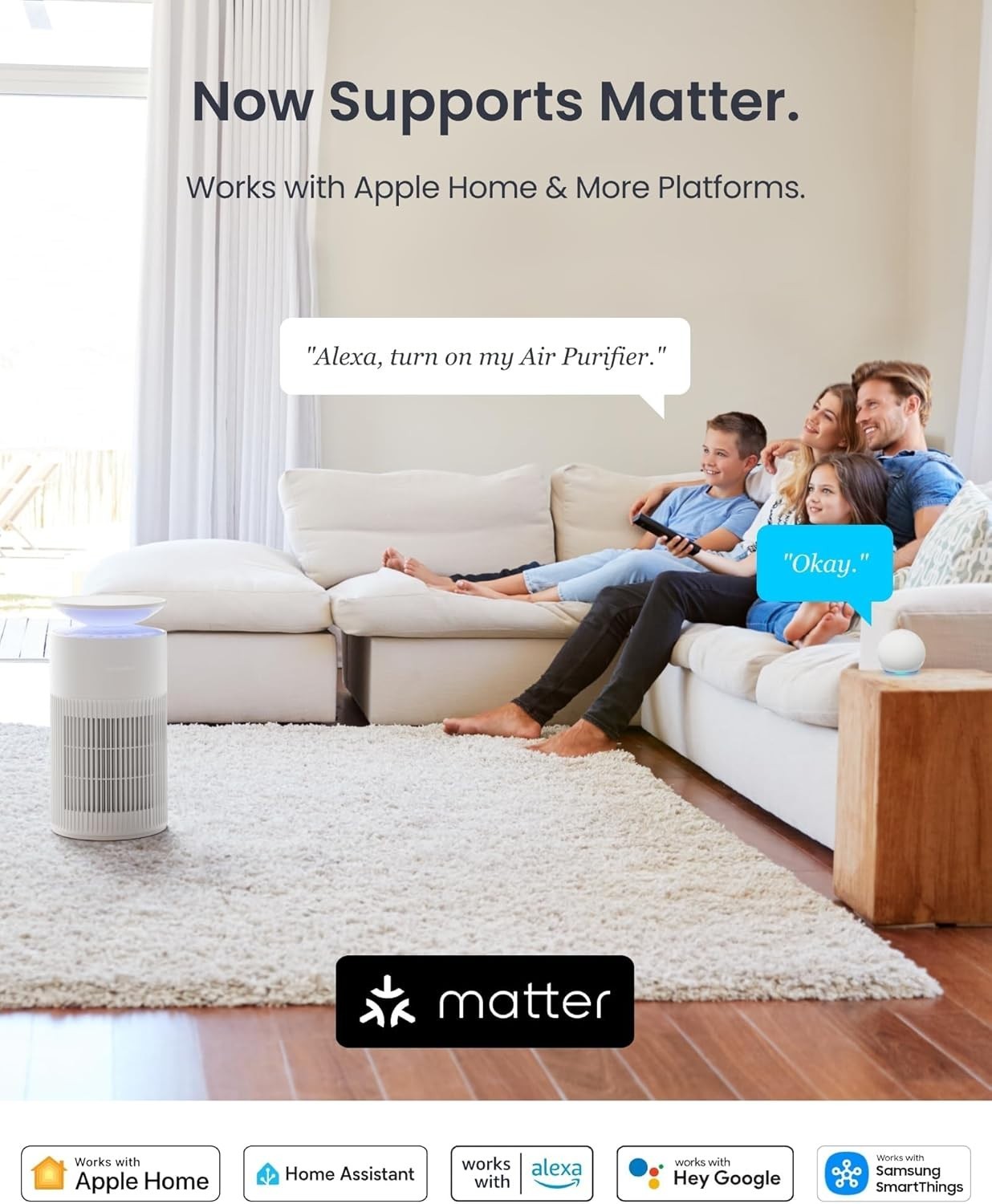 Smart Air Purifier Large Room CADR 400m³/h HEPA Pet Odour Alexa App
