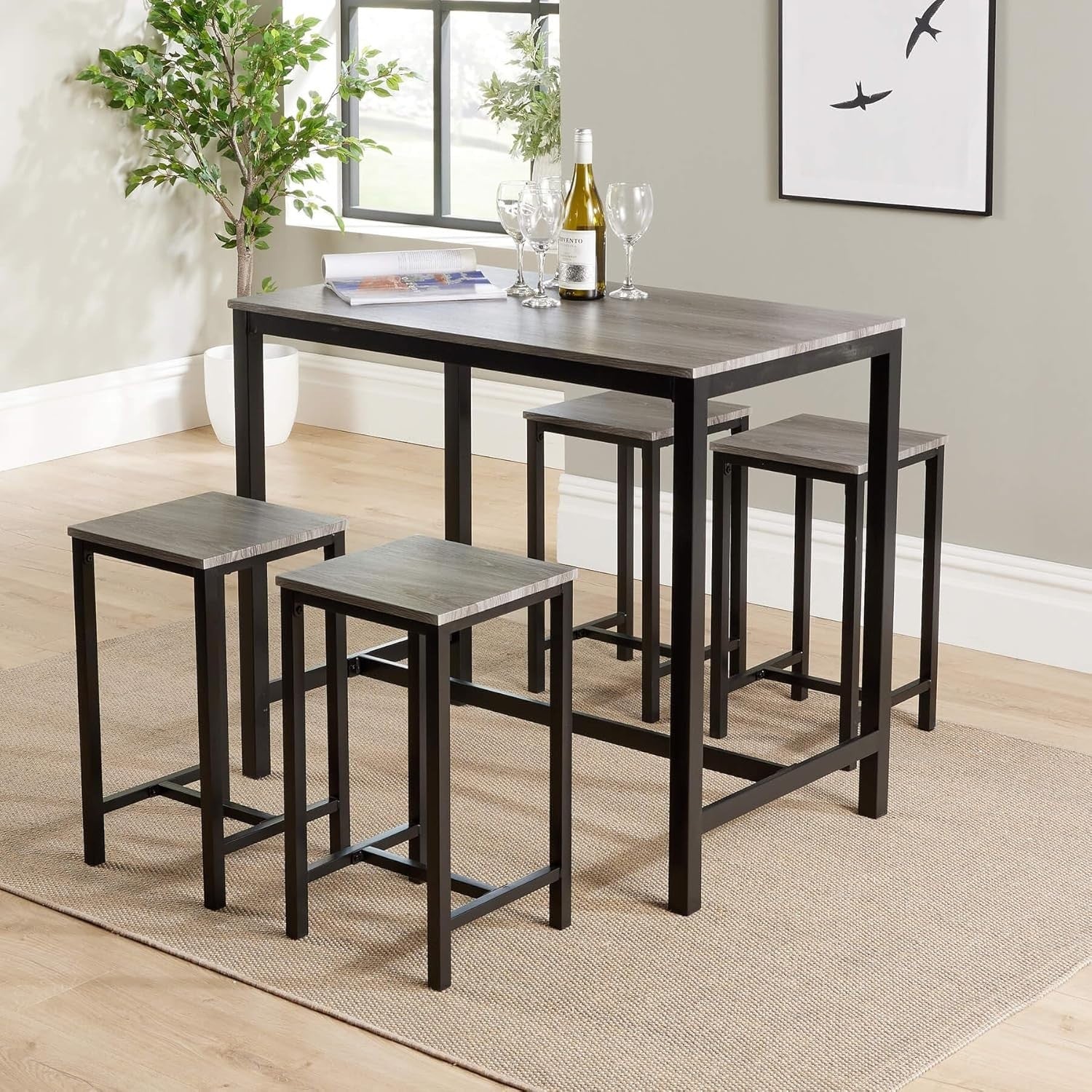 5-Piece Breakfast Bar Table Set with 4 Stools Grey Industrial Dining Furniture