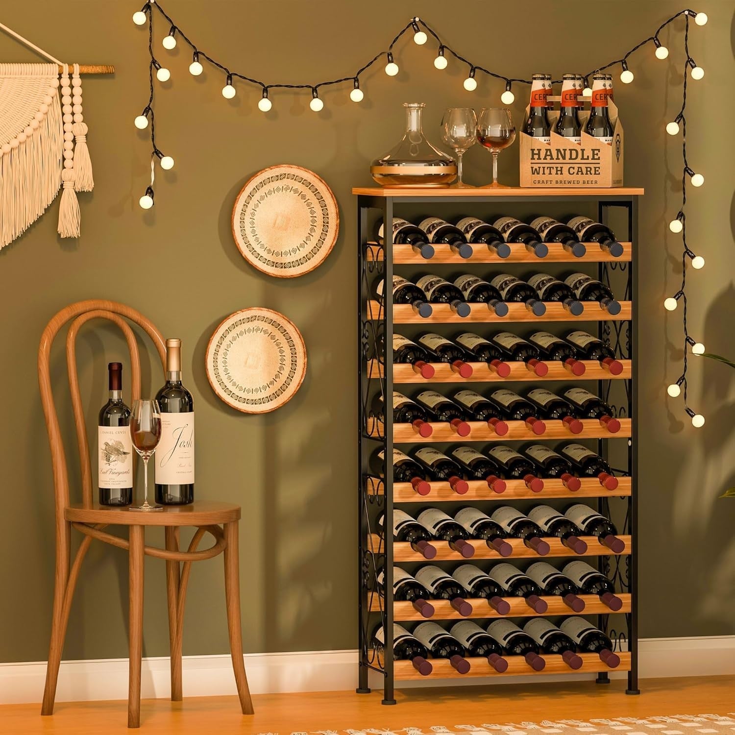 48 Bottle Wine Rack Floor Standing with Wood Top Shelf Rustic 8-Tier Storage