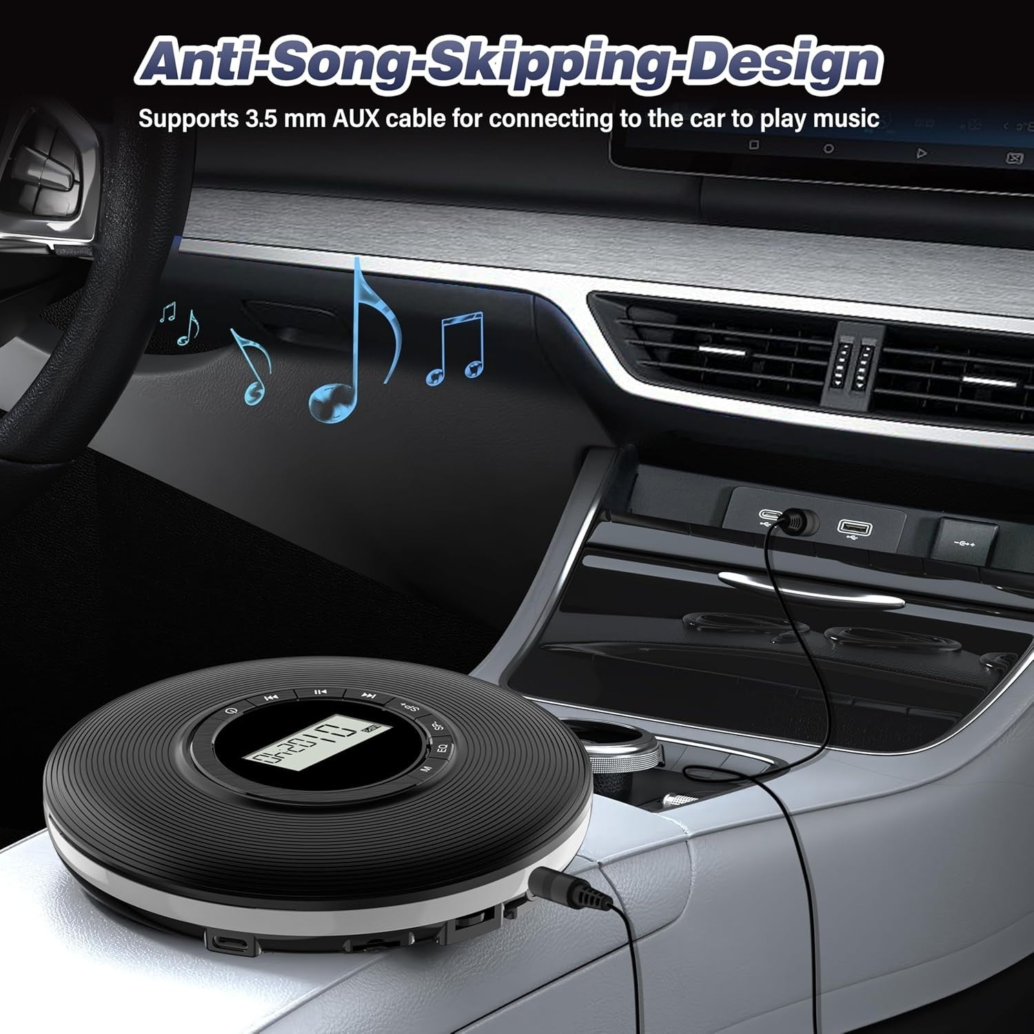 Portable Discman CD Player Anti Skip TF Card AUX Output EQ Black