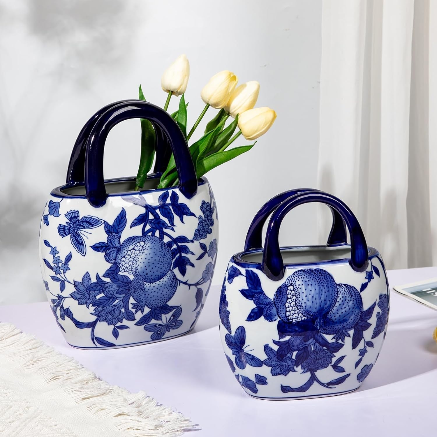 Blue White Ceramic Flower Vase Handbag Style Chinoiserie Table Decor 27cm