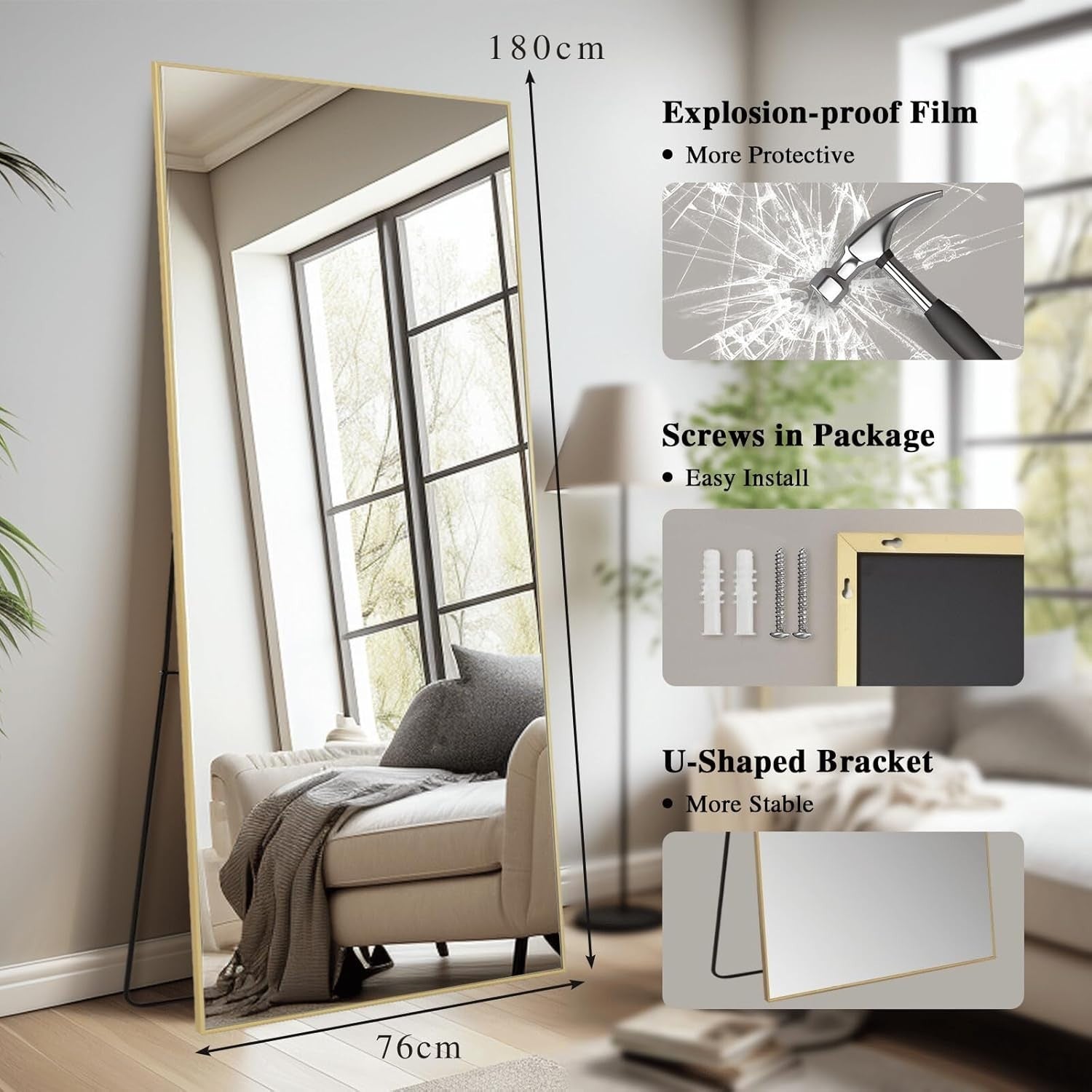 Large Full Length Floor Mirror 180x76cm Gold Frame 3-Way Install
