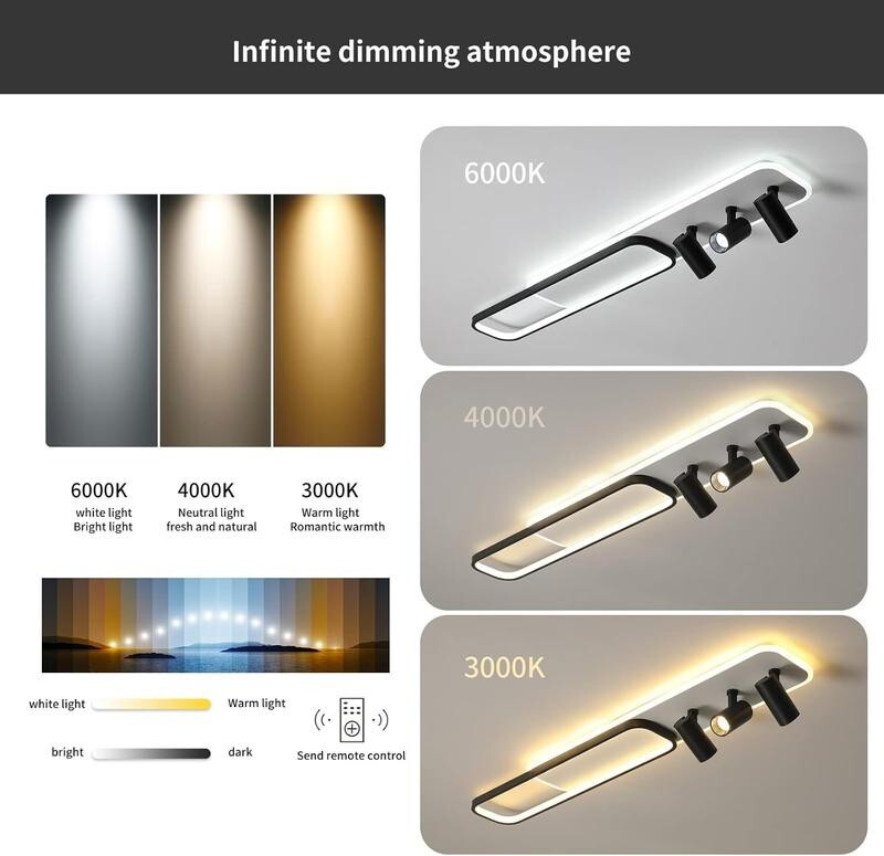 Modern LED Ceiling Light 3-Way Track Spotlight Dimmable 55W Black Fixture