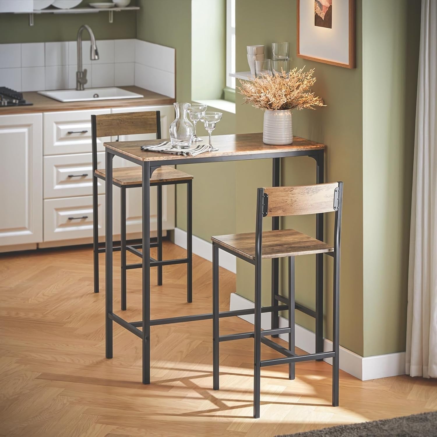 3 Pieces Bar Table Set with 2 Stools Modern High Dining Breakfast Furniture