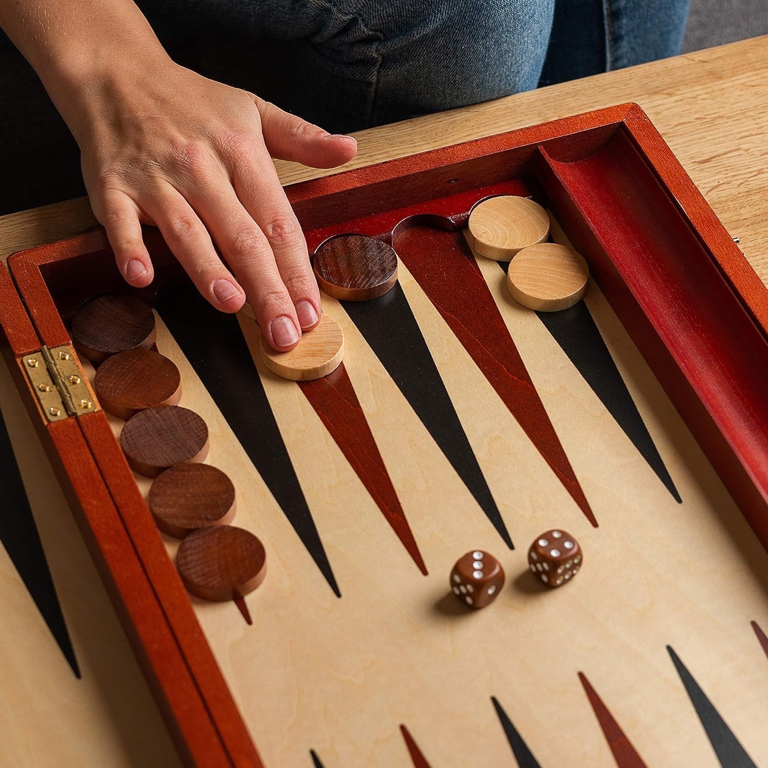 Large Wooden Backgammon Set 57x48cm Folding Board with Dice Cups Case