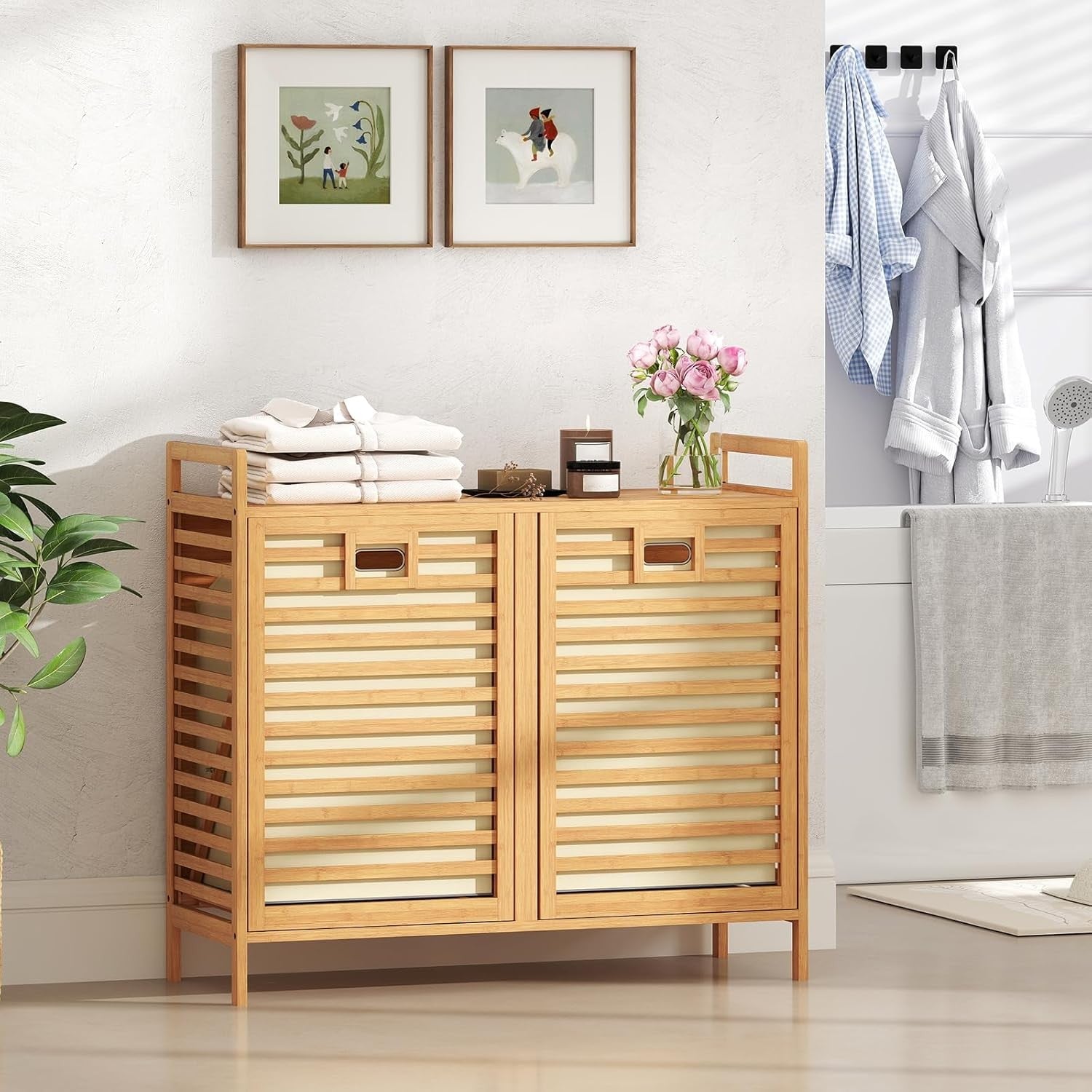 Bamboo 2 Compartment Tilt Out Laundry Hamper Cabinet with Shelves 80x30x72cm
