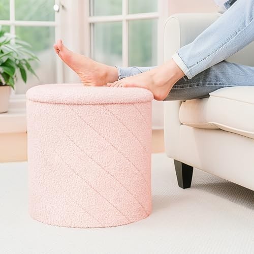 Pink Round Storage Ottoman Footstool 3-in-1 Seat with Lid 43x43x45cm