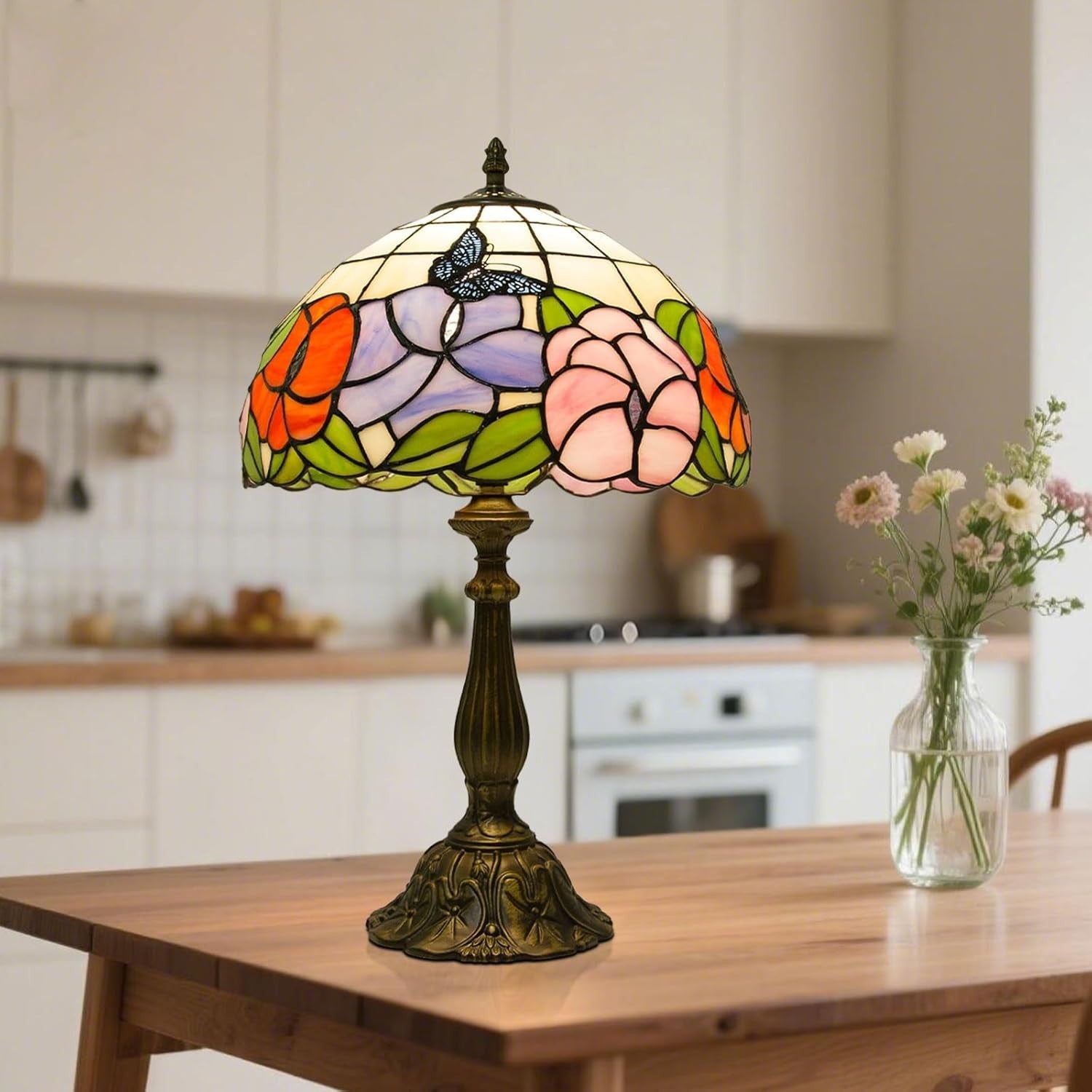 12 Inch Stained Glass Tiffany Table Lamp with Remote Control E27 Bulb