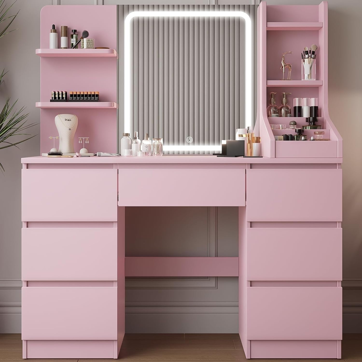 Foldable Small Vanity Desk w/Lighted Mirror Stool 2 Drawers Compact Makeup Table