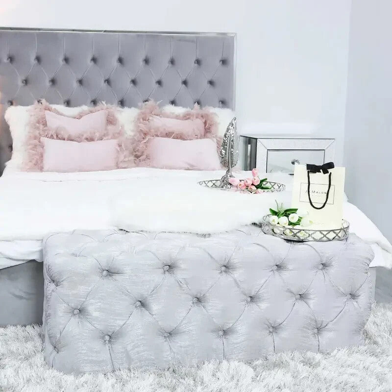 Silver Velvet Tufted Bedroom Bench Long Ottoman End of Bed Seat 112cm