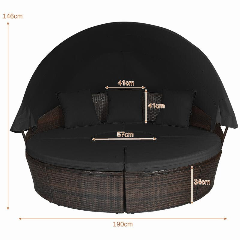 Round Rattan Outdoor Daybed with Retractable Canopy & Cushions Garden Set