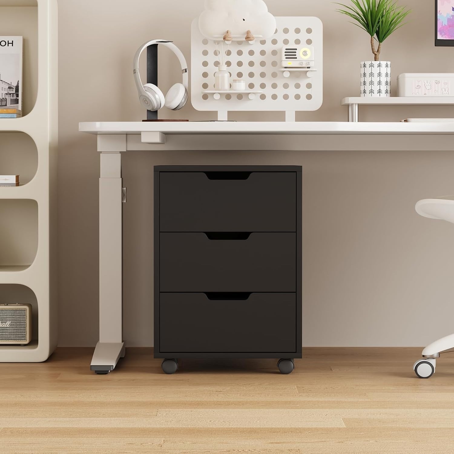 Black Rolling Desk Pedestal 3 Drawer Under Desk File Printer Cabinet