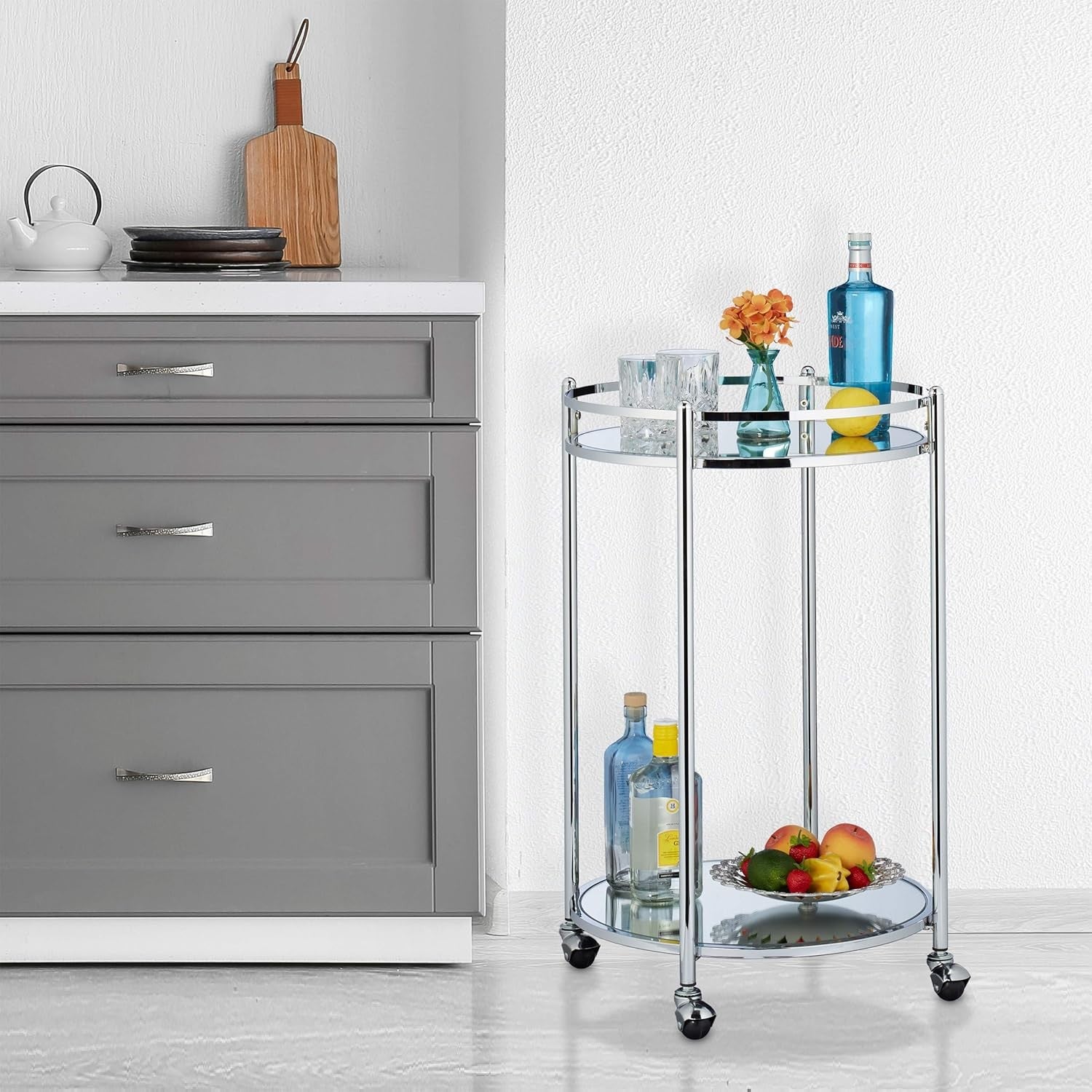 Round Serving Trolley Bar Cart Mirrored Glass Steel Rolling Drinks Cart