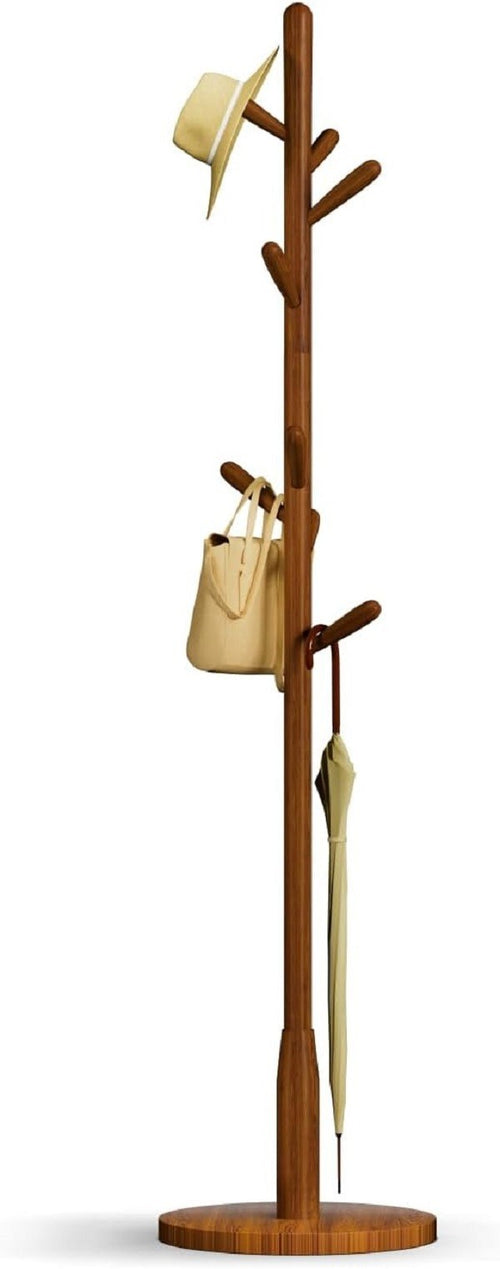 Brown Wood Coat Rack 8 Hooks Round Base Freestanding Hall Tree Stand