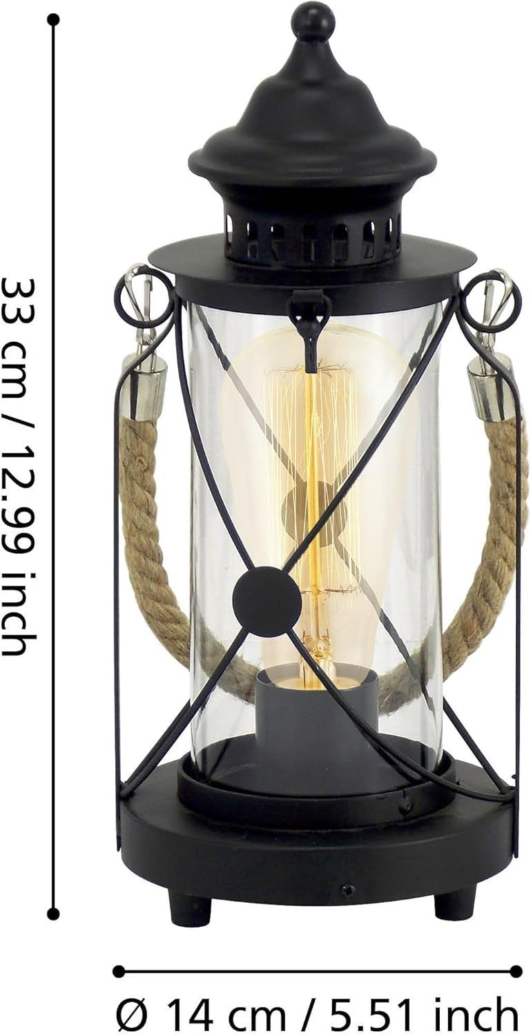 EGLO Bradford Black Vintage Table Lamp Glass E27 Bedside Lantern