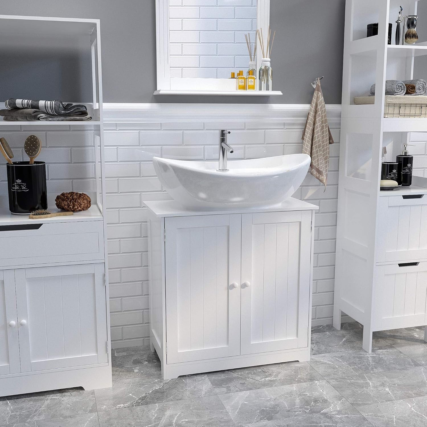 White Under Sink Bathroom Cabinet 60x30x60cm | Shaker Doors & Storage Shelf