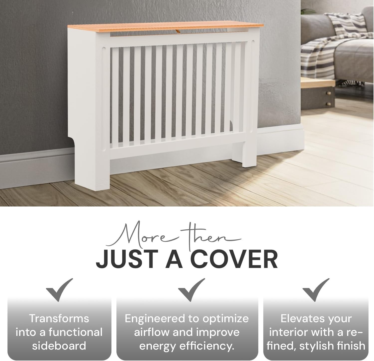 Medium Radiator Cover White MDF Classic Wood with Oak Top Shelf W111xH83cm