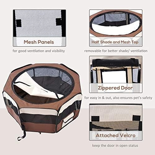 Foldable Pet Playpen with Carry Bag, Portable Puppy Tent Indoor Outdoor Brown