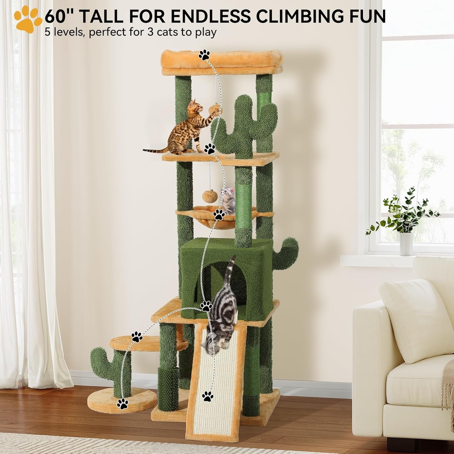 Cactus Cat Tree 153cm Tall Indoor Climbing Tower with Condo Scratching Posts