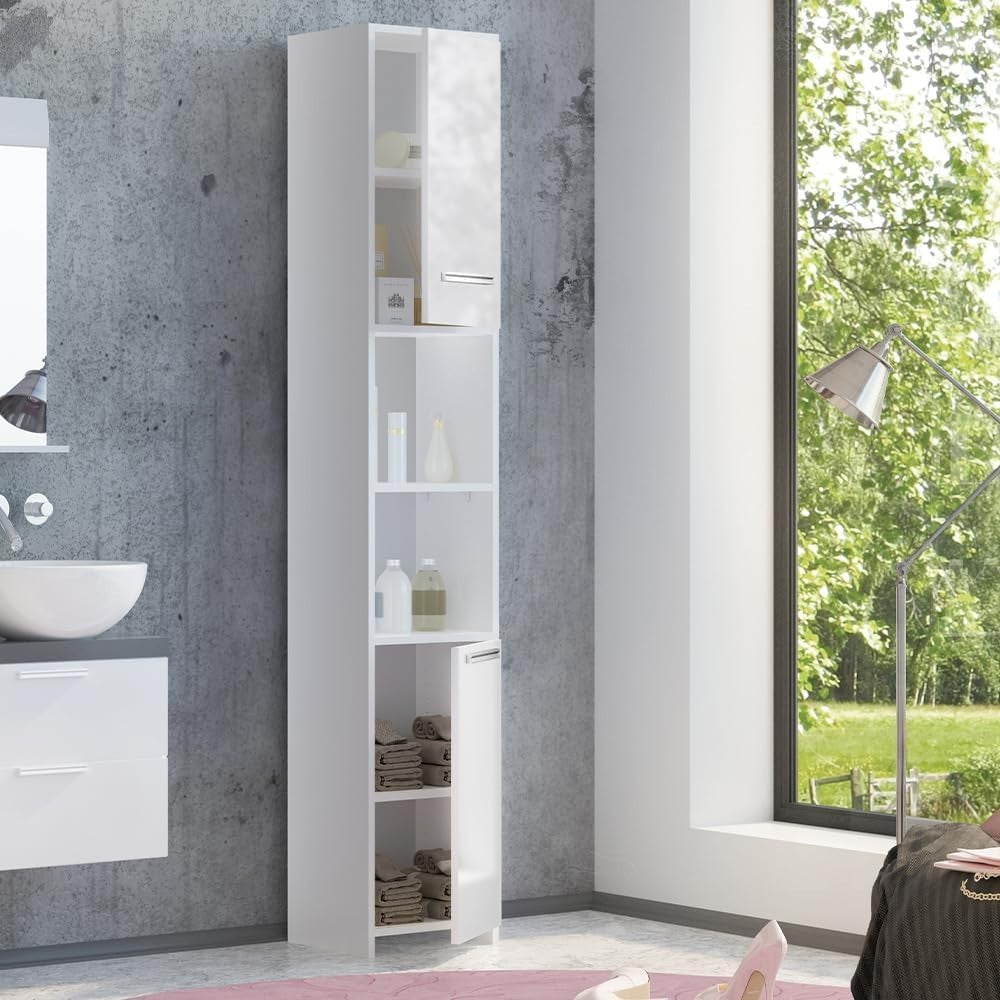 Tall White Gloss Bathroom Storage Cabinet with Shelves & Doors, 30x190 cm