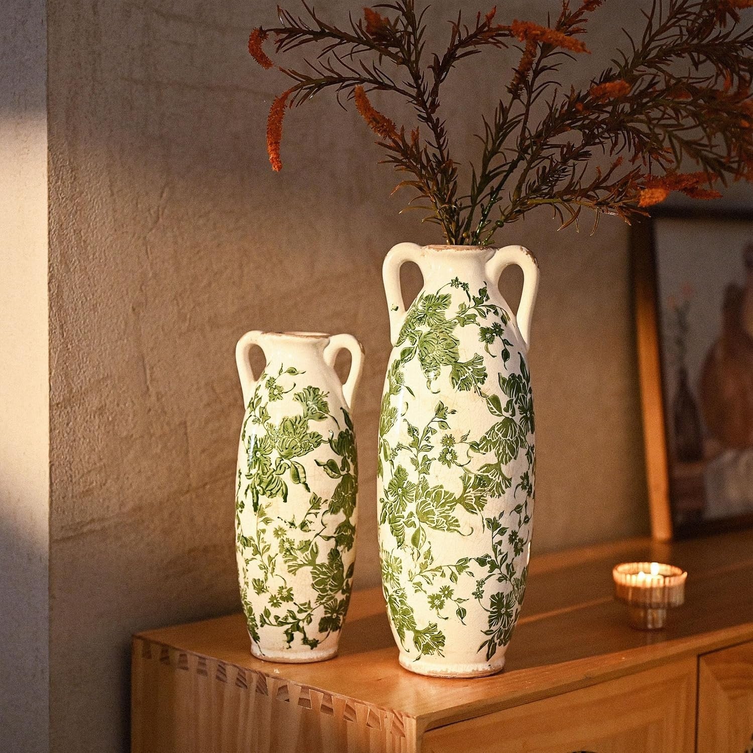 Tall Green White Ceramic Floor Vase for Pampas Grass Farmhouse Decor 13.8"