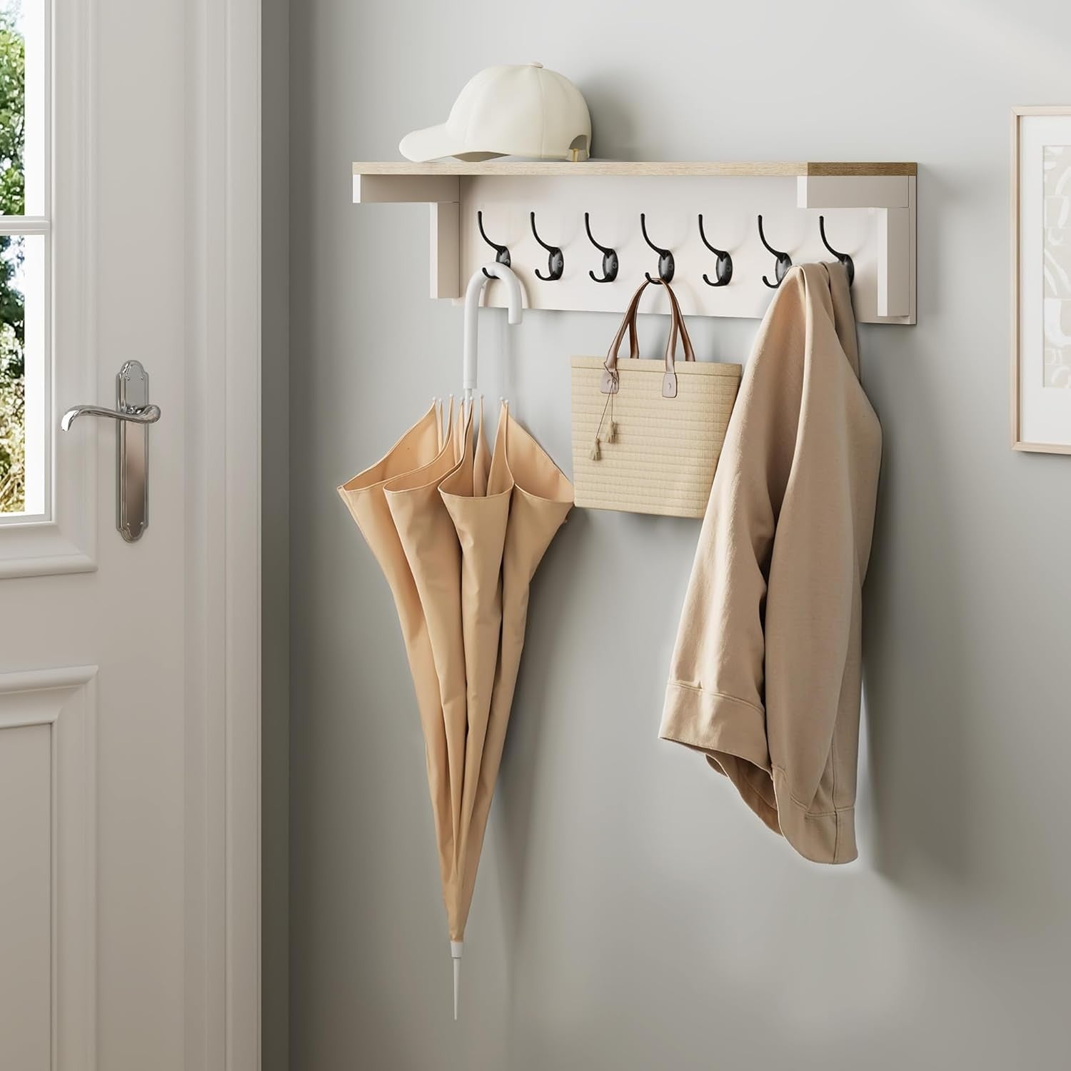 Cream Wall Mounted Coat Rack with Shelf | 7 Double Hooks Hallway Organiser