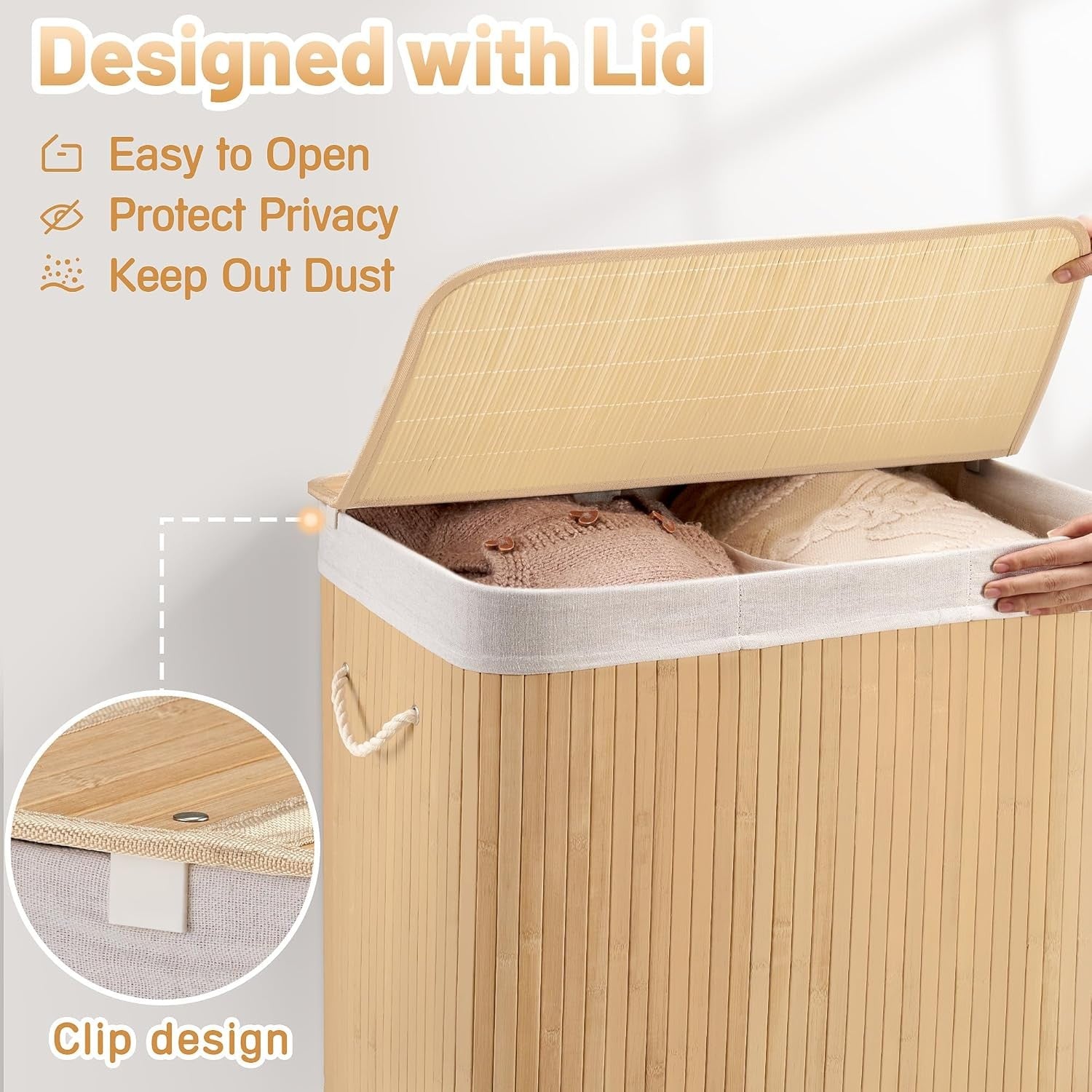 100L Bamboo Laundry Hamper with Lid 2-Section Foldable Clothes Basket Beige